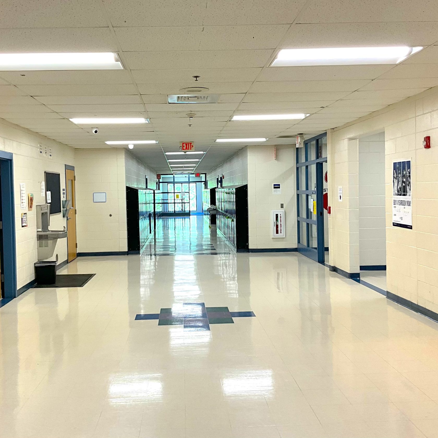 School corridor under recessed LED flat-panel fixtures, Chester Academy, Chester, NH