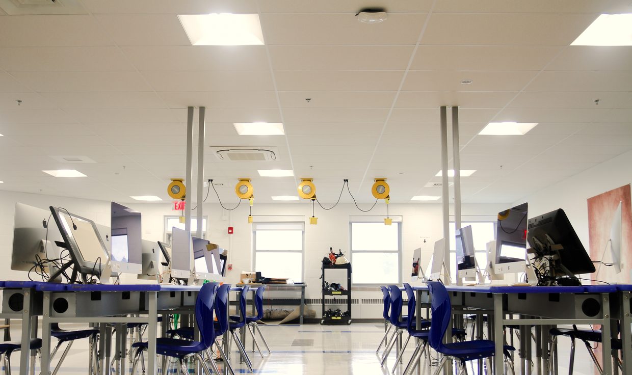 Computer lab at the Creteau Career Technology Center under LED flat-panel fixtures, Rochester, NH