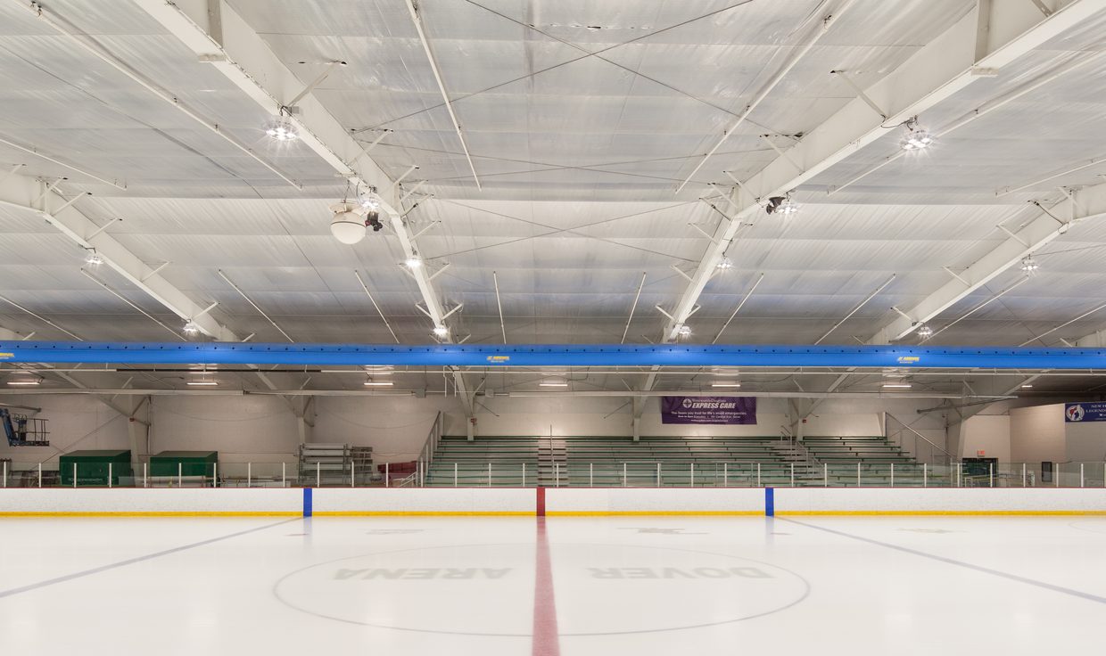 Dover Ice Arena rink evenly lit by LED fixtures, Dover, NH
