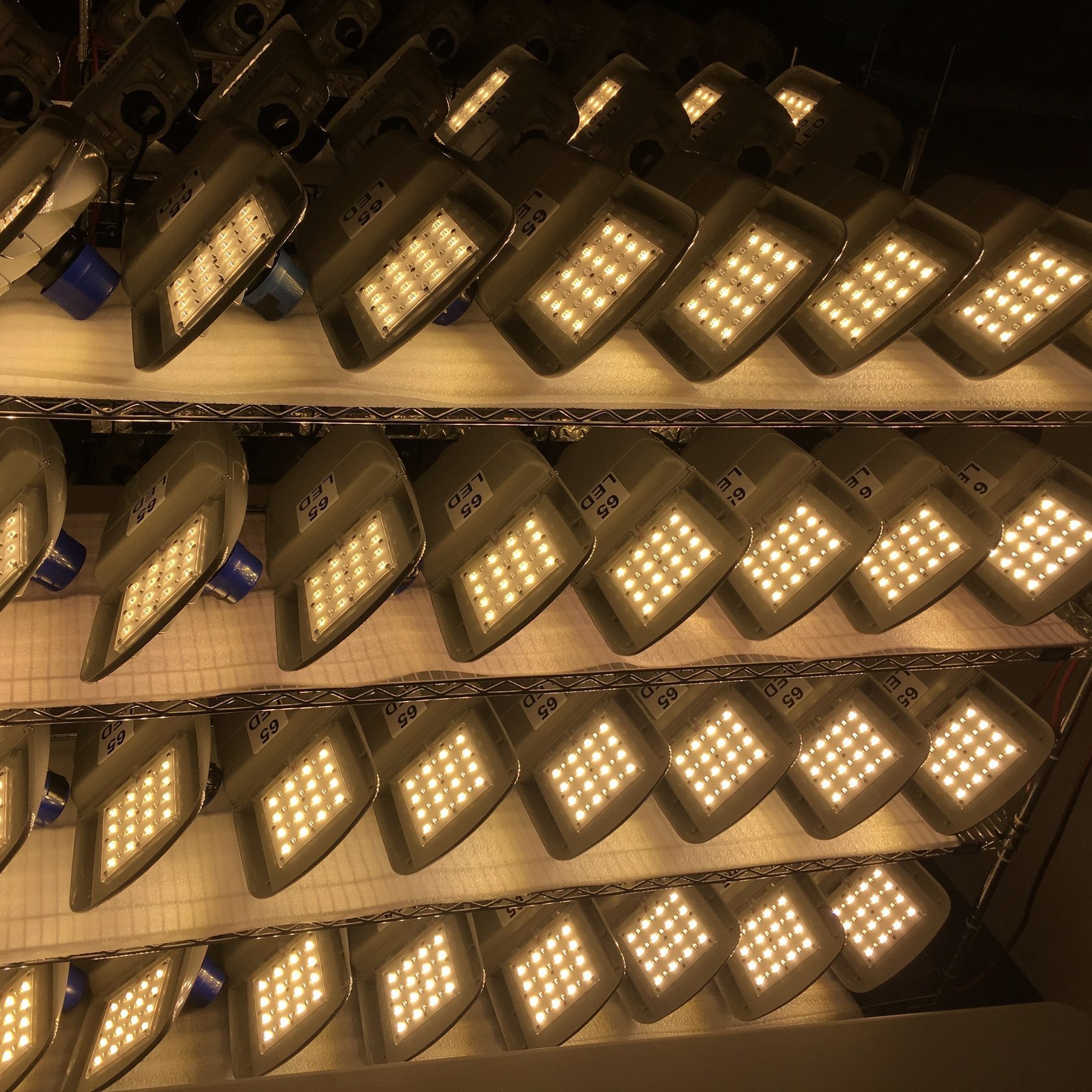 Rack of lit LED cobrahead streetlight fixtures