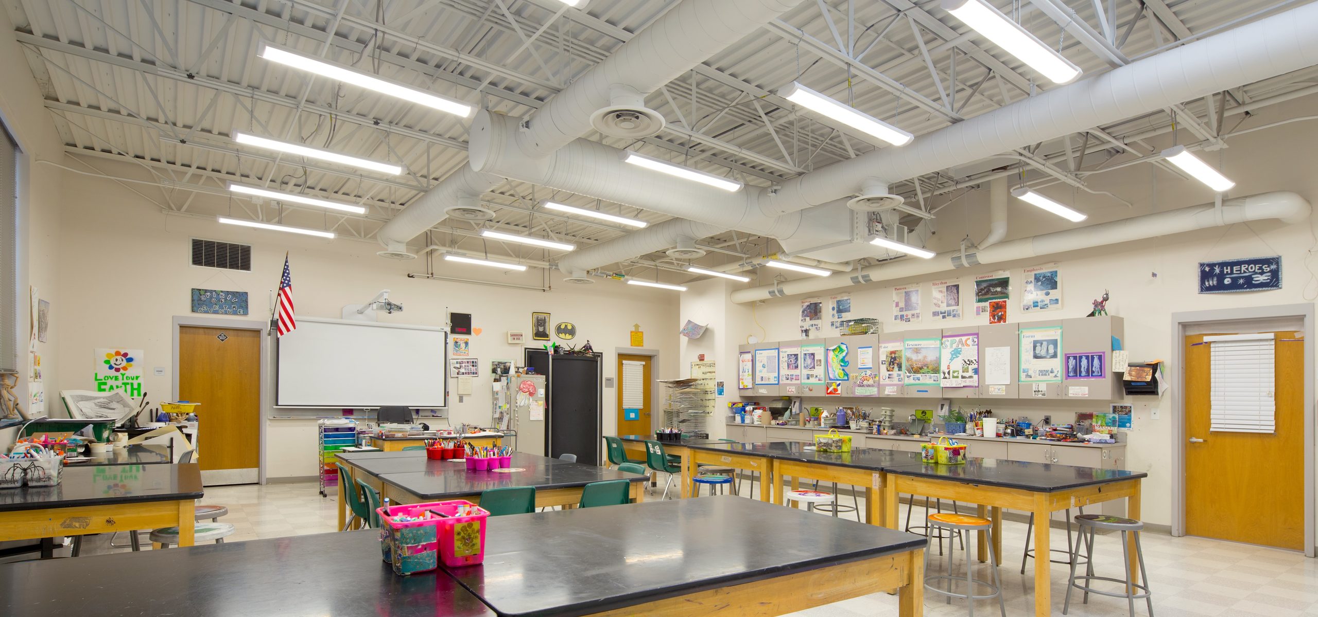 Marshwood High School art room under suspended linear LED fixtures, South Berwick, ME