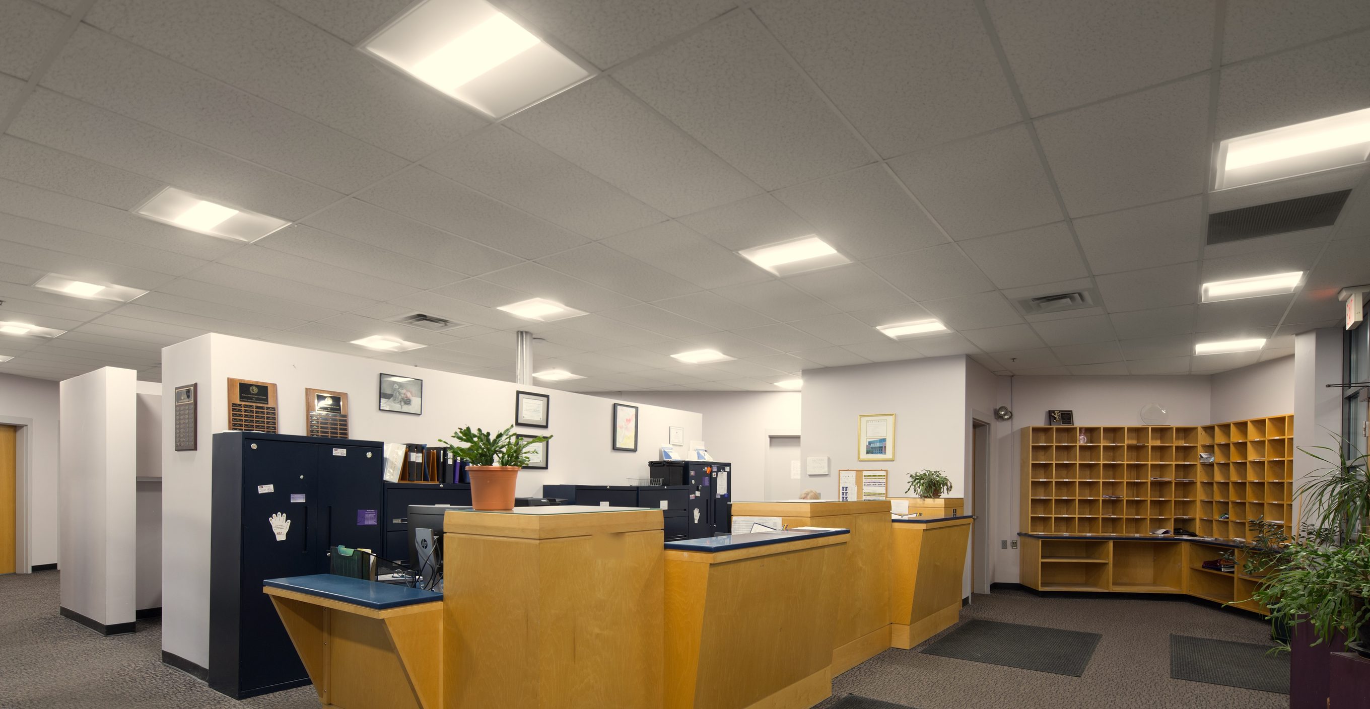 Marshwood High School main office under LED flat-panel troffers, South Berwick, ME
