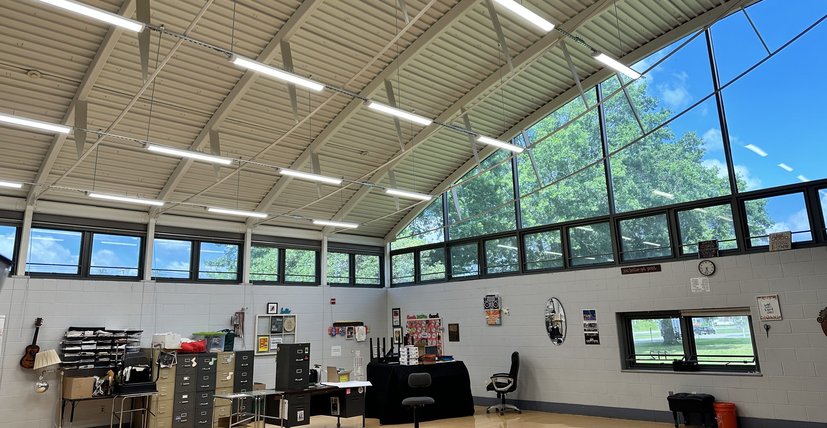 Marshwood Middle School classroom with clerestory windows under LED fixtures, Eliot, ME