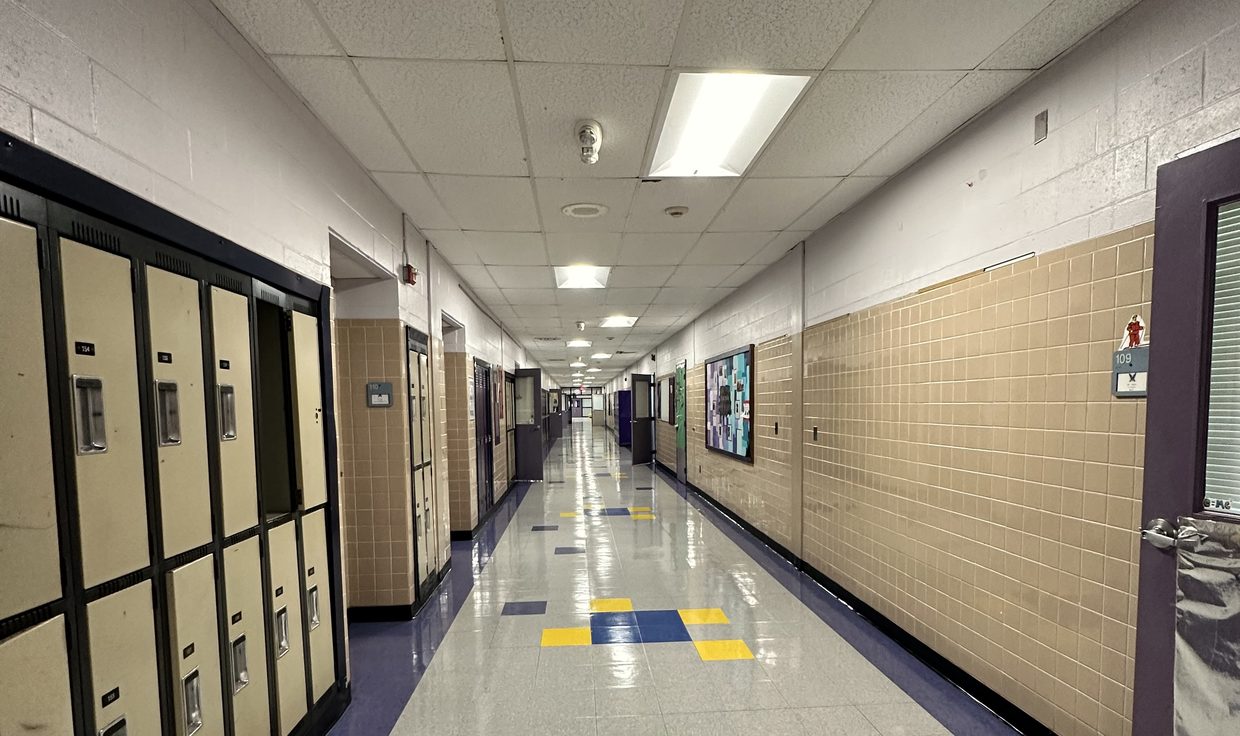 Marshwood Middle School hallway with lockers under LED troffers, Eliot, ME