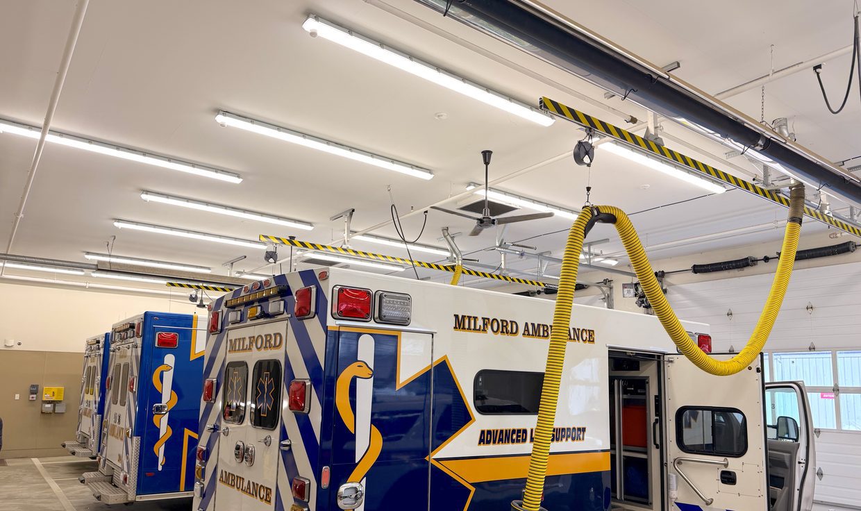 Milford Ambulance apparatus bay under linear LED fixtures, Milford, NH