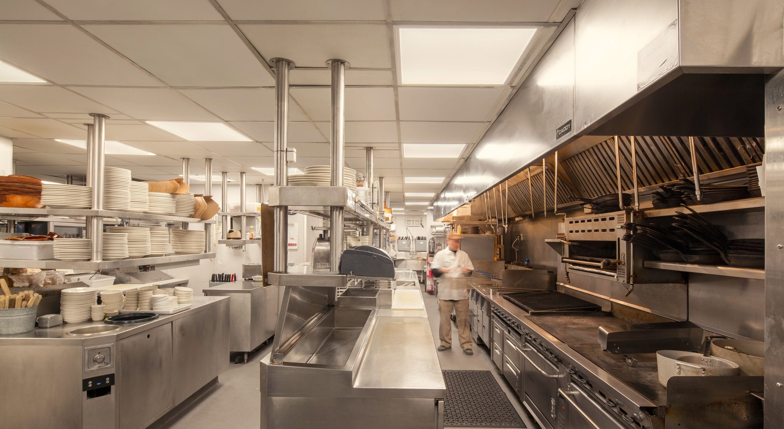 Commercial kitchen at Robert's Maine Grill lit by LED flat-panel troffers, Kittery, ME