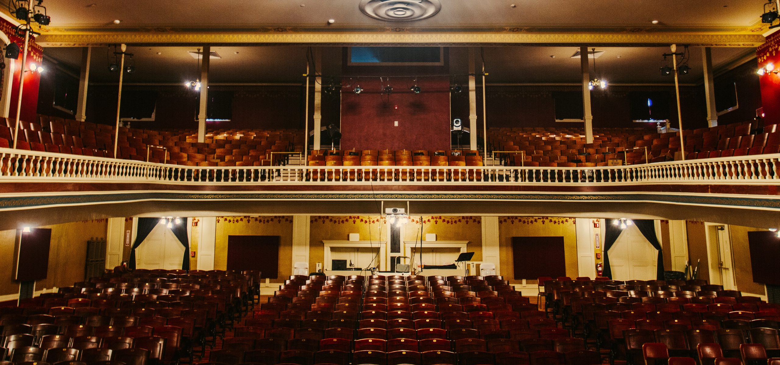 Rochester Opera House seating, balcony and stage lighting seen from the stage, Rochester, NH