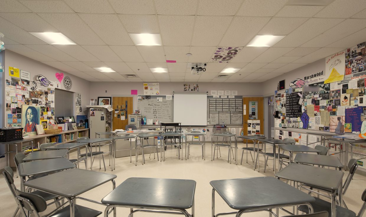 Classroom at Marshwood High School under LED flat-panel troffers, South Berwick, ME
