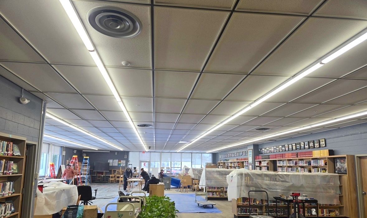 Telstar High School library during its LED lighting installation, Bethel, ME